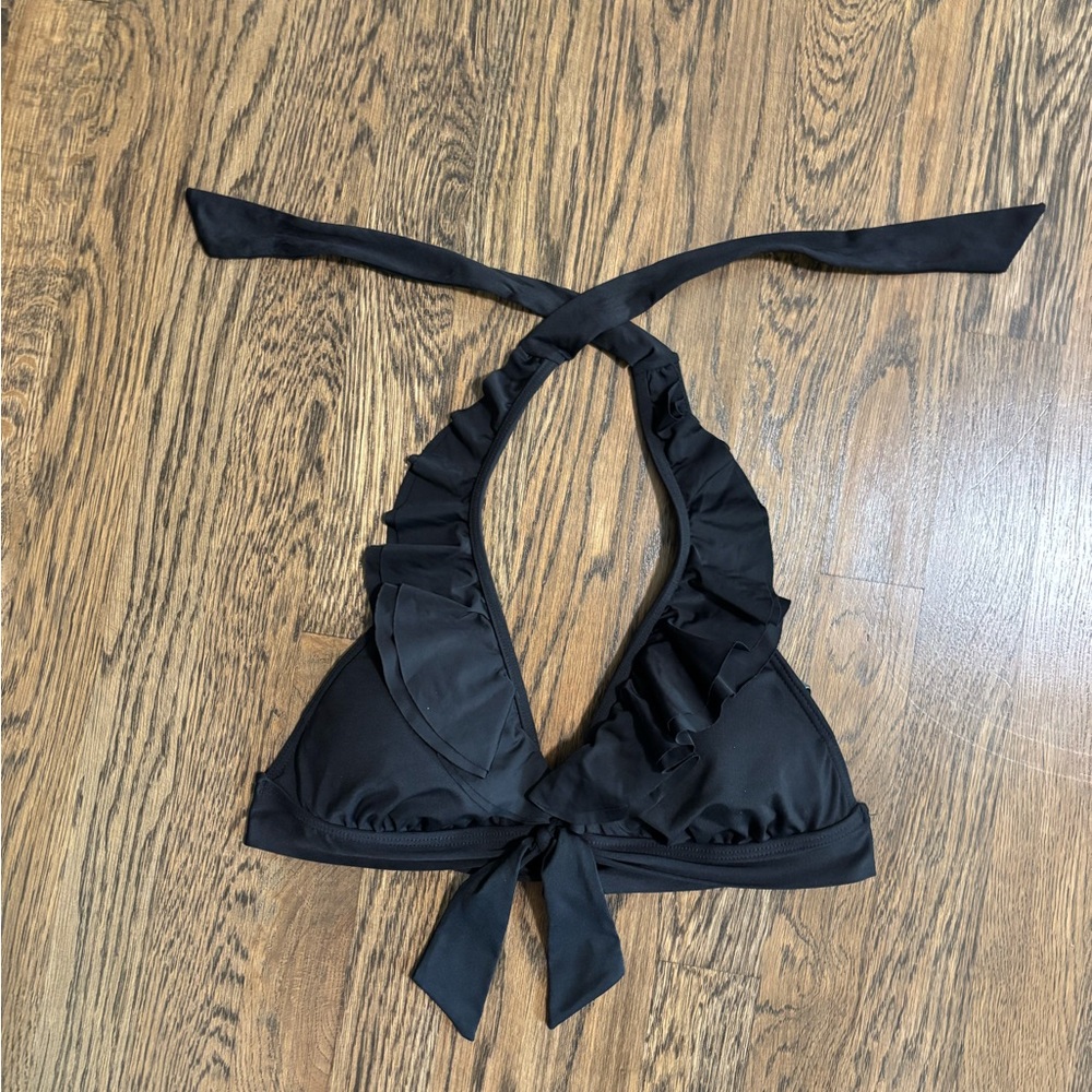 Kenneth Cole Black Halter Ruffle Bikini Top, Medium